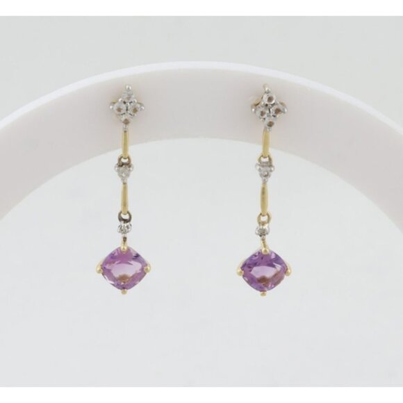 14k Yellow Gold Natural Amethyst & White Topaz Earrings Dangle Drop 1" x 1/4" - Picture 1 of 7